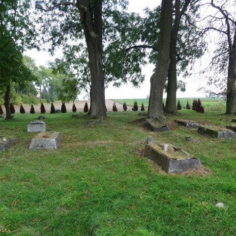 Powiększ obraz: Zdjęcie cmentarza ewangielickiego w Subkowach stan na 2021 rok. Na fotografii kilka nagrobków porośniętych mchem i trawą. W tle drzewa i krzewy