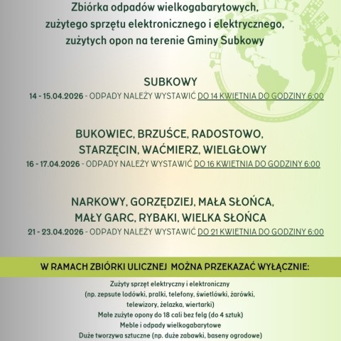 Powiększ obraz: Zbiórka odpadów wielkogabarytowych, zużytego sprzętu elektronicznego i elektrycznego, zużytych opon na terenie Gminy Subkowy