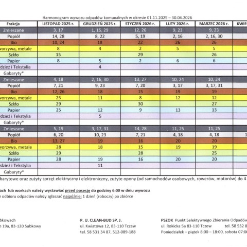 Powiększ obraz: Harmonogram wywozu odpadów komunalnych w okresie 01.11.2025 r. do 30.04.2026 r.